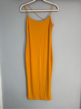 JLUXLABEL Mustard Slip Midi Bodycon Dress with Double Spaghetti Straps